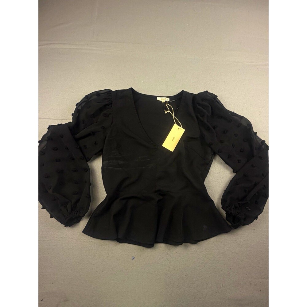 peach Black Solid V-Neck Puff Long Sleeve Chiffon Blouse Women's M